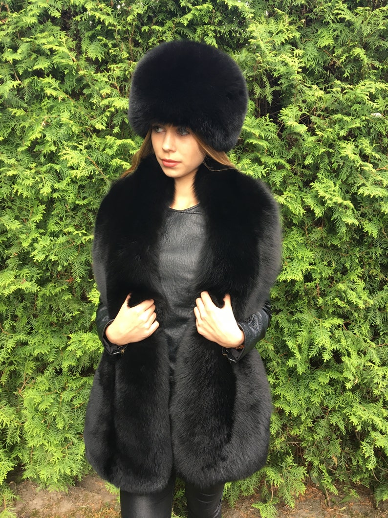 Double-Sided Black Fox Fur Stole 70' And Full Fur Hat Set Saga Furs 画像 2