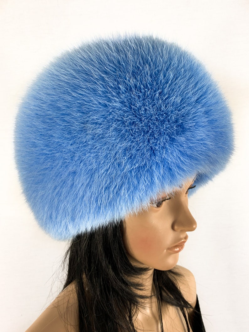 Arctic Fox Fur Hat Saga Furs Full Round Hat in Light Blue Color