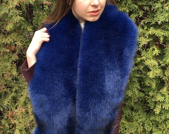 XL Blue Fox Fur Stole 75' (190cm) Saga Furs Boa Collar Navy Blue Color