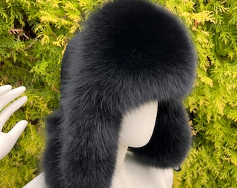 Jet Black Fox & Sheared Lama Fur Hat Top Saga Furs Hat Trapper Aviator Fur Hat