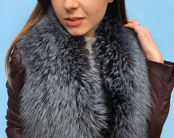 Silver Fox Fur Stole 50' (130cm) Saga Furs Boa Collar Wrap Big Scarf