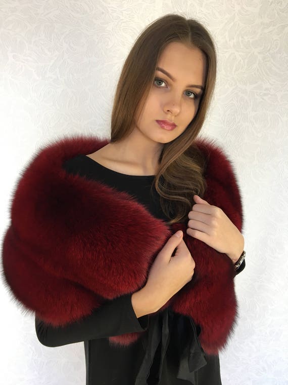 Extra Wide Fox Fur Shawl Dark Red Saga Furs Collar 47' Inches Wrap 