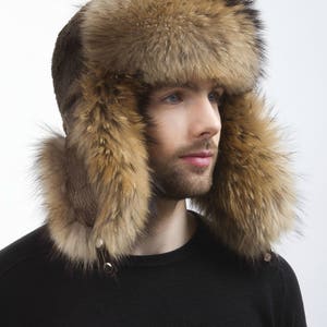 Raccoon and Sheared Beaver Fur Trapper Hat For a Men's Regular size Aviator Hat 22.5 23' Inch image 2