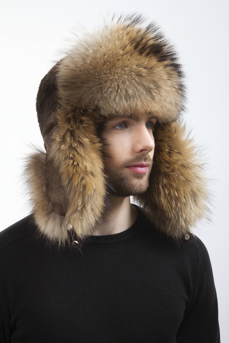 Raccoon and Sheared Beaver Fur Trapper Hat For a Men's Regular size Aviator Hat 22.5 23' Inch image 2