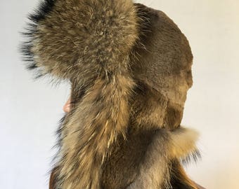 Raccoon Fur Trapper Hat with Sheared Beaver Fur Saga