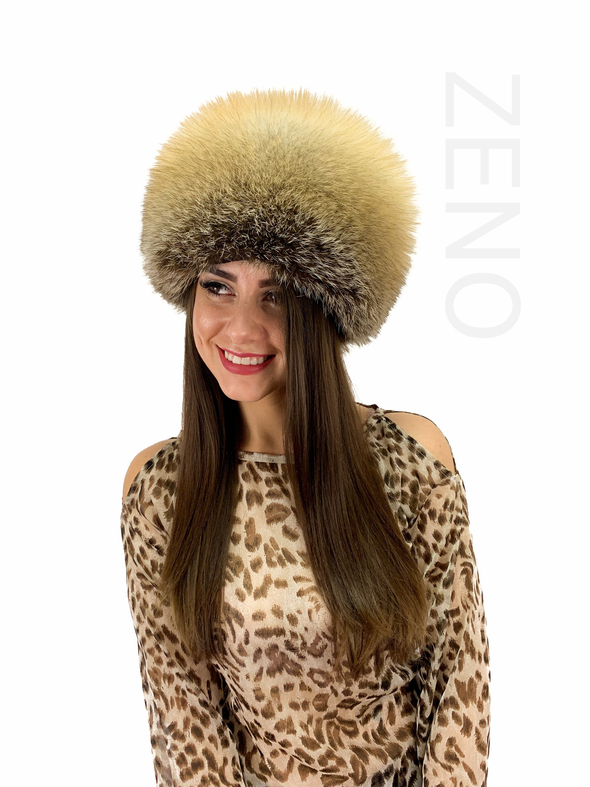 Accessoires Hoeden & petten Wintermutsen Bontmutsen Golden Island Fox Fur Hat met brown lederen top saga bont natuurlijke kleuren Fox Fur 