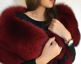 Extra Wide Fox Fur Shawl Dark Red Saga Furs Collar 47' Inches Wrap