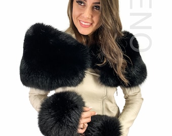 Jet Black Fox Fur Shawl Saga Furs Collar 47' (120cm) + Tails as Wristbands / Headband