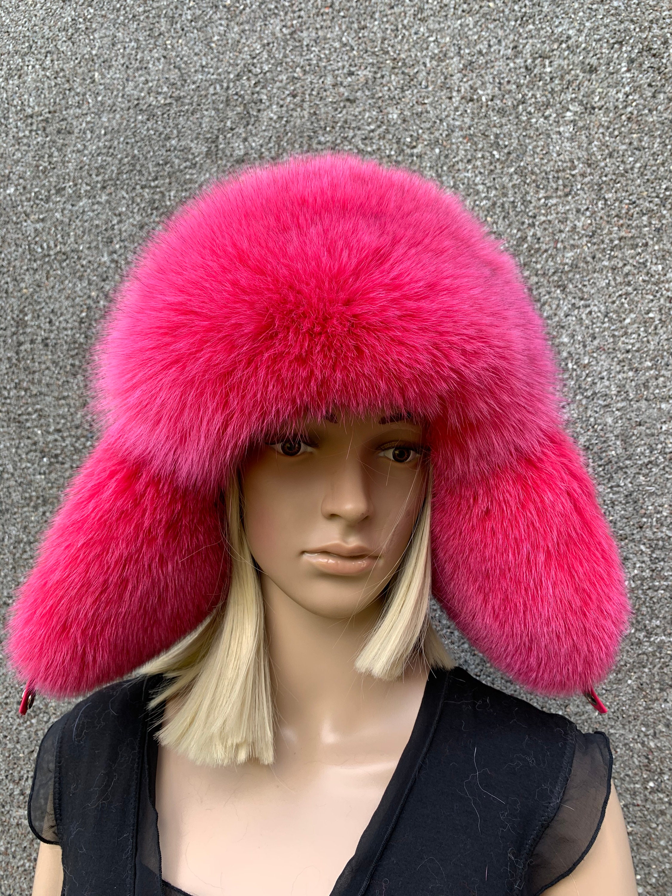 Knit Stretchy Pink Fox Fur Hat