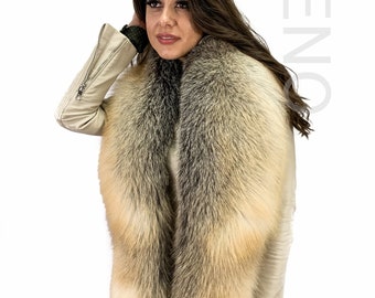 Golden Island Fox Fur Stole 70' (180cm) Natural Golden Color Fur Collar Saga Furs Big Scarf Fur Boa