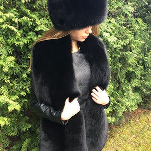 Double-Sided Black Fox Fur Stole 70' And Full Fur Hat Set Saga Furs 画像 3