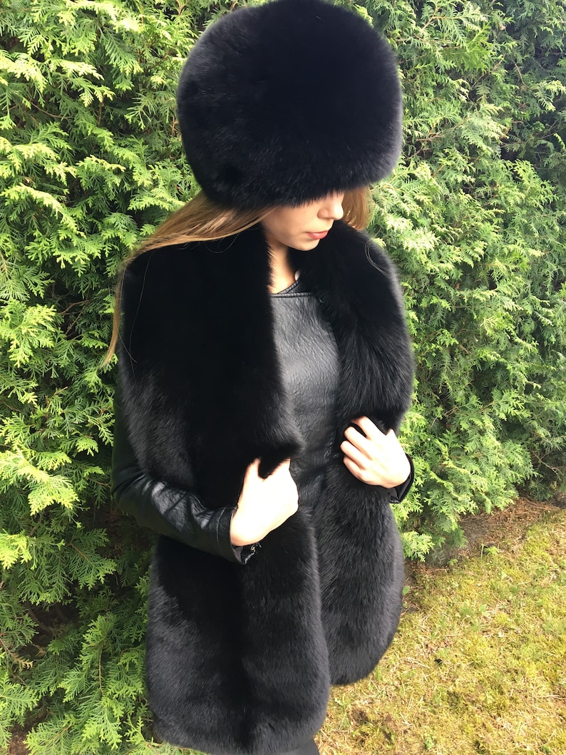 Double-Sided Black Fox Fur Stole 70' And Full Fur Hat Set Saga Furs 画像 3