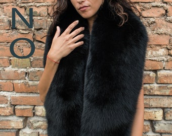 Jet Black Fox Fur Stole 70' (180cm) Saga Furs Boa Collar + Tails /Wristbands