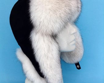 Blue Fox Fur Trapper Hat With Suede for a Men's Natural White Fur 22,5’ - 23’ Size