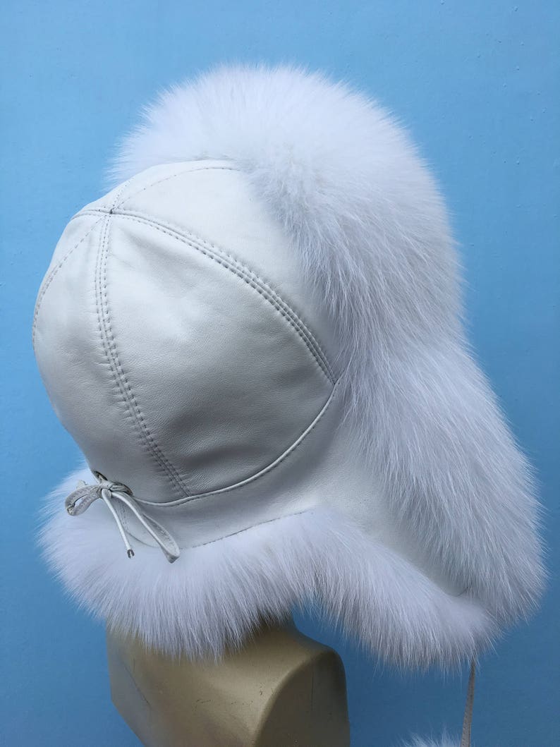 Arctic Fox Fur Ushanka Hat White Leather Pure White Fox PomPom Saga