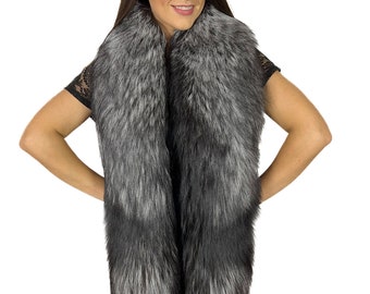 Silver Fox Fur Stole 70' (180cm) Natural Silver Color Fur Collar Saga Furs Big Scarf Fur Narrow Boa