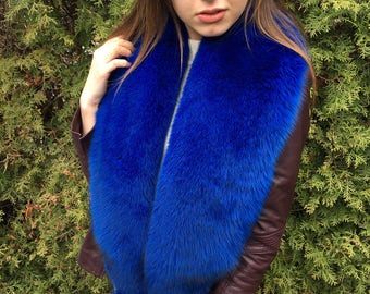 Blue Fox Fur Stole 55' Saga Furs Collar Royal Blue Tails as Wristbands