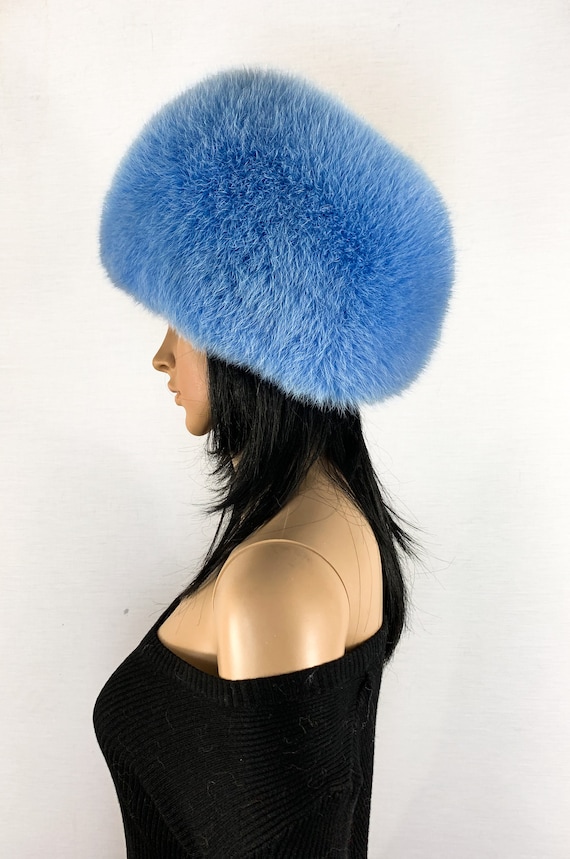 Oversized Fox Fur Full Round Hat Saga Furs Light Bright Blue Fur Hat