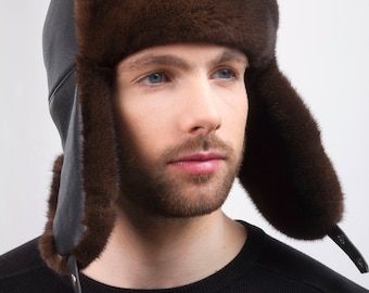 Chapeau de trappeur en fourrure de vison brun naturel avec cuir pour homme de 22,5 - 23' pouces