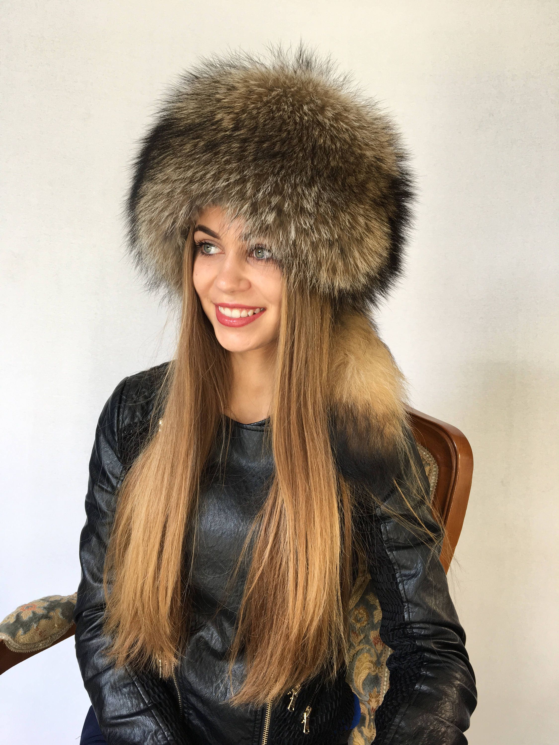 Winter Hat Racccoon Fur Pill Box Hat With Two Tails Real Fur Hat