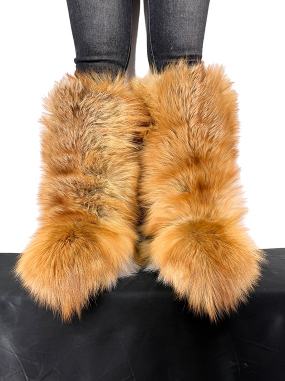 Double sided Gold Fox Fur Boots for Indoor Outdoor Knee High