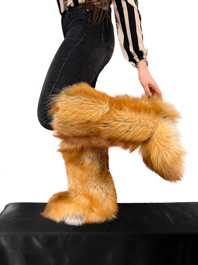 Double-Sided Gold Fox Fur Boots For Indoor & Outdoor Knee High Natural Colors Fur Inside And Outside Saga Furs Shoes image 1