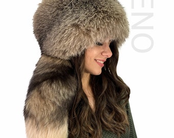 Natural Raccoon Fur Pillbox Hat Saga Furs Adjustable All Fur Hat with Huge Tail