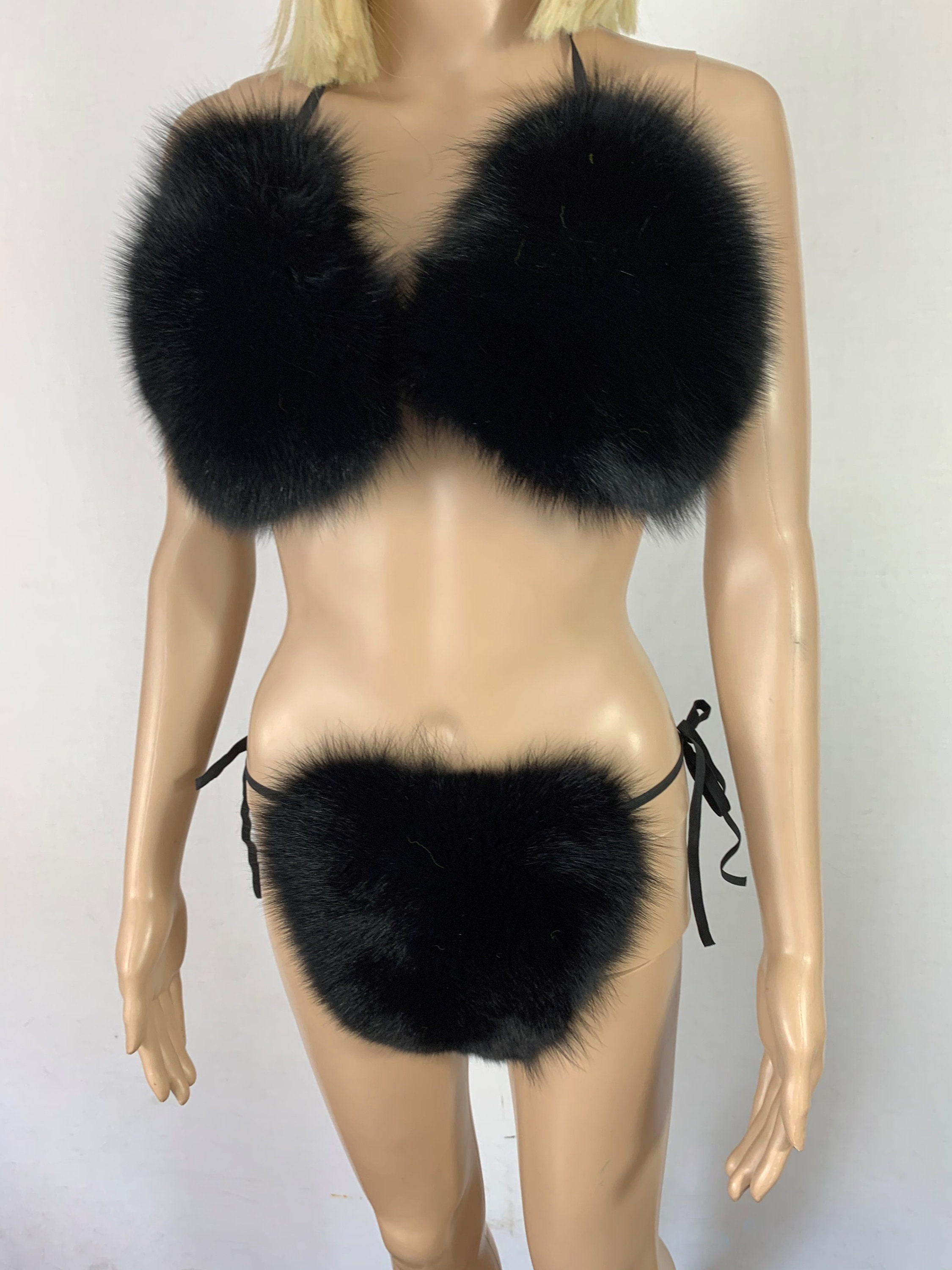 Women Fur Bra Set Woman Fluffy Furry Slides Fur Bikini Fluffy Boa