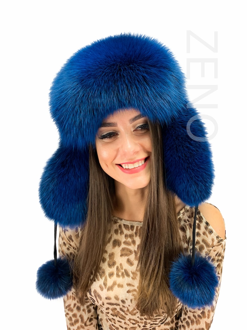 Blue Fox Fur Hat Suede Top Saga Furs Royal Blue Fur Hat - Etsy