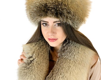 Golden Island Fox Fur Collar 40' (100cm) And Hat with leather Set Saga Furs