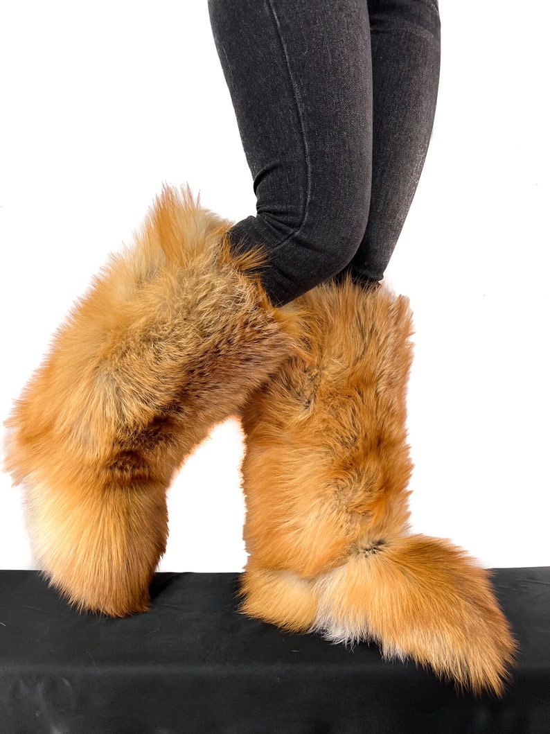 Double-Sided Gold Fox Fur Boots For Indoor & Outdoor Knee High Natural Colors Fur Inside And Outside Saga Furs Shoes image 3