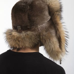 Raccoon and Sheared Beaver Fur Trapper Hat For a Men's Regular size Aviator Hat 22.5 23' Inch image 4