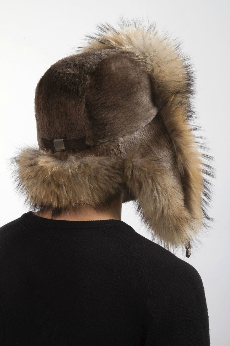 Raccoon and Sheared Beaver Fur Trapper Hat For a Men's Regular size Aviator Hat 22.5 23' Inch image 4