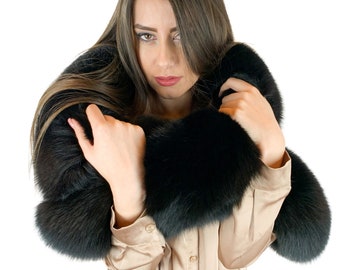 Fox Fur Stole 67' (170cm) Saga Furs Boa Jet Black Color Fur Wrap