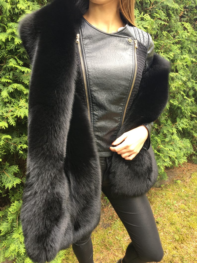 Double-Sided Black Fox Fur Stole 70' And Full Fur Hat Set Saga Furs 画像 4