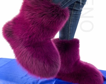 Double-Sided Fox Fur Boots For Outdoor Arctic Boots Purple Color Fur Shoes Fur Lining