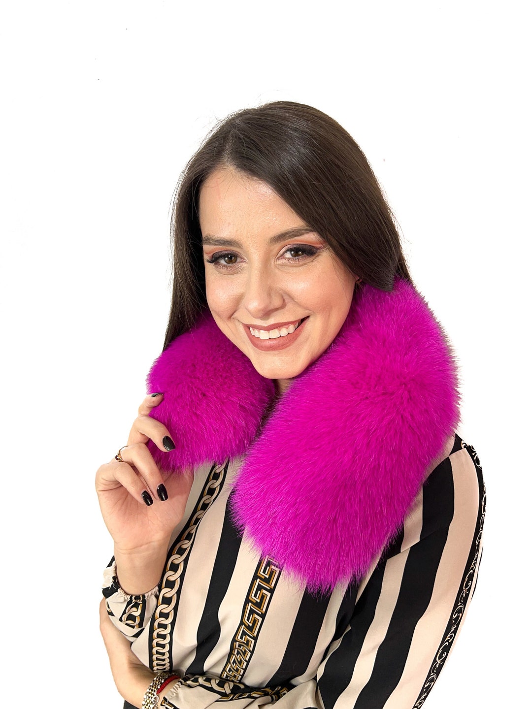 Arctic Fox Fur Scarf 24' 60cm Saga Furs Natural Fur Collar Dyed Fuschia