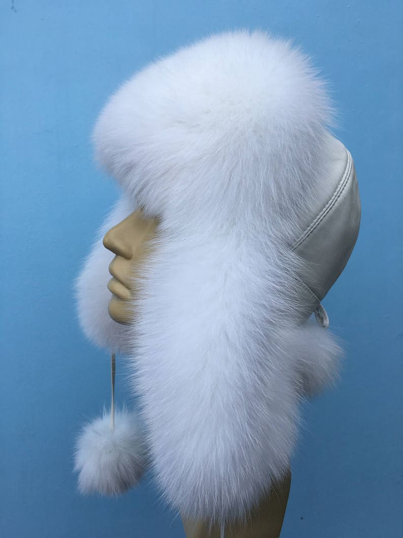 Arctic Fox Fur Ushanka Hat White Leather Pure White Fox PomPom Saga