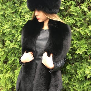 Double-Sided Black Fox Fur Stole 70' And Full Fur Hat Set Saga Furs imagem 1