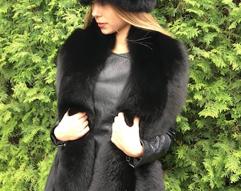 Double-Sided Black Fox Fur Stole 70' And Full Fur Hat Set Saga Furs