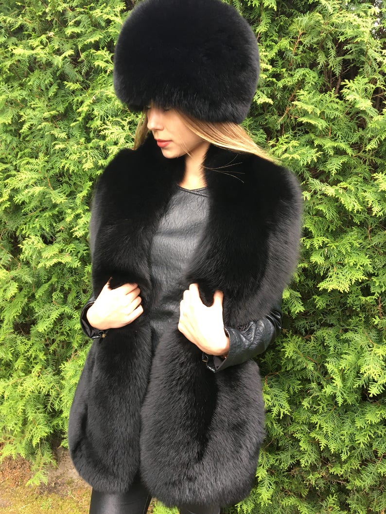 Double-Sided Black Fox Fur Stole 70' And Full Fur Hat Set Saga Furs 画像 1