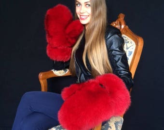 Giant Fox Fur Mittens All Fur Regular Women's Size Saga Fox Red Fur