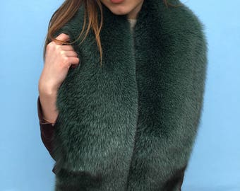 Finn Fox Fur Stole 70' Saga Furs Royal Boa Big Fur Collar Green Color