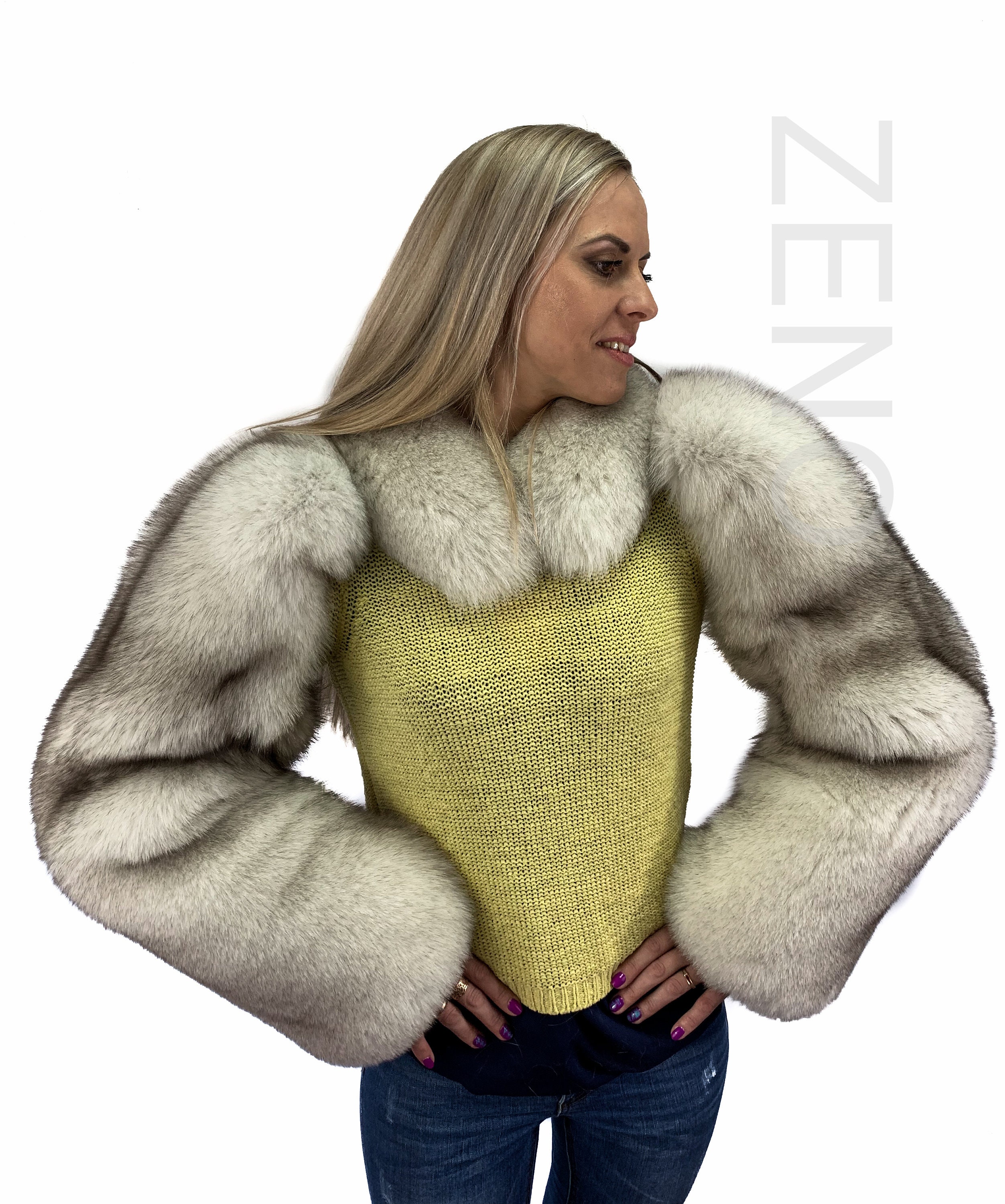 Natural White Fox Fur Huge Arm Sleeves With Scarf to Keep Them in