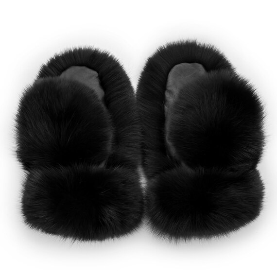 Jet Black Fox Fur Mittens Full Fur Winter Gloves Saga Furs 