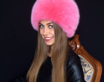 Chapeau complet en fourrure de renard arctique Saga Furs, couleur rose, bonnet en fourrure