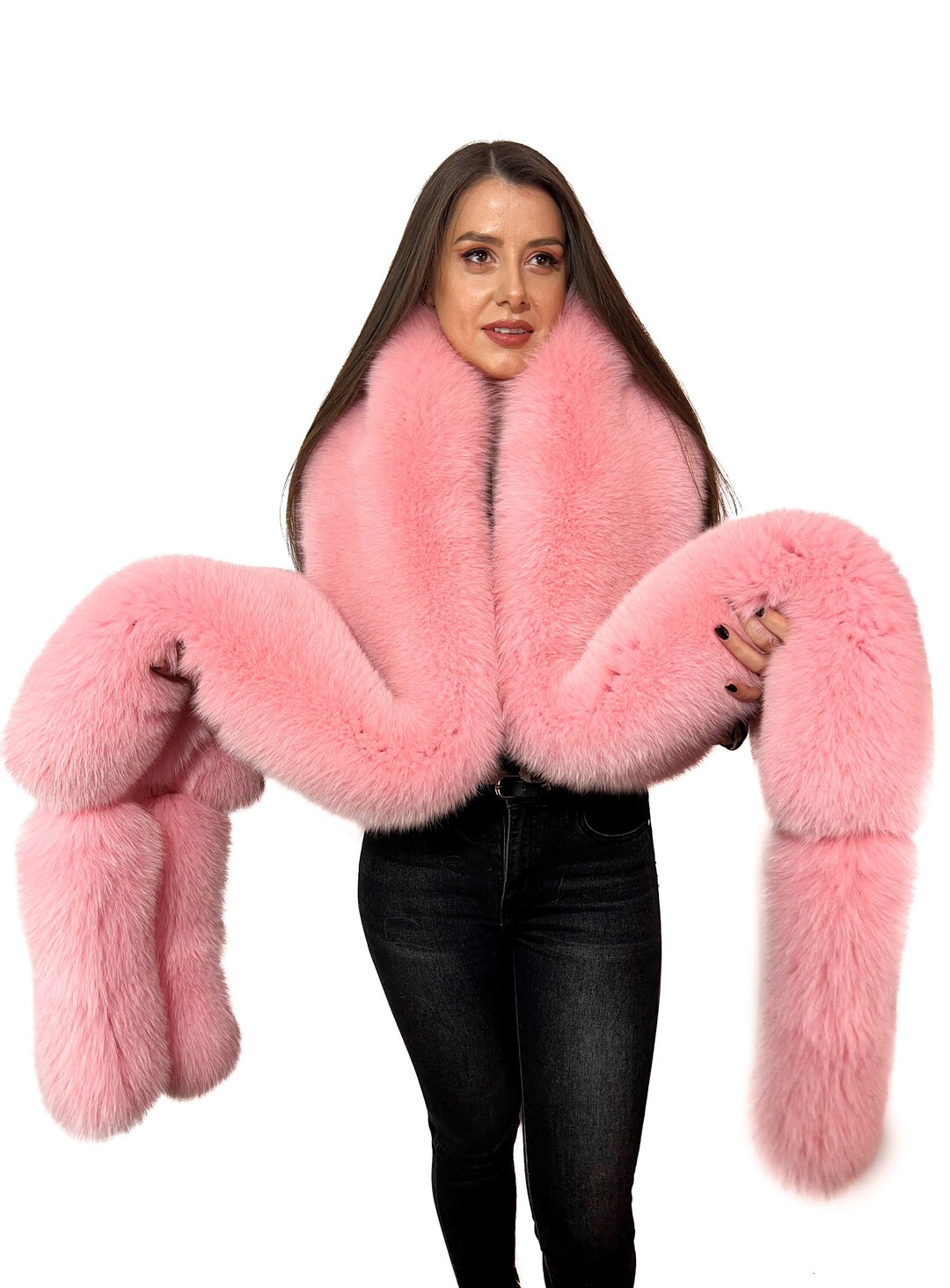 Double-sided Arctic Fox Fur Stole 80' 200cm 4 Tails Light Pink Big Fur