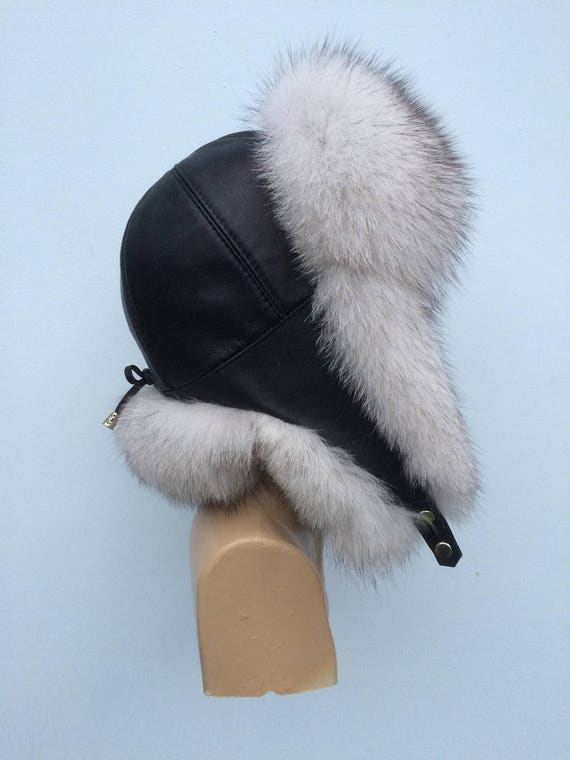 Blue Fox Fur Ushanka Hat with Leather Saga Furs Natural White | Etsy