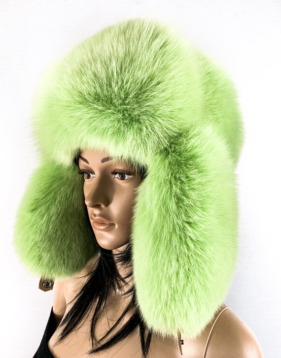 Arctic Fox Fur Hat Saga Furs Ushanka Hat in Light Bright Green Fur