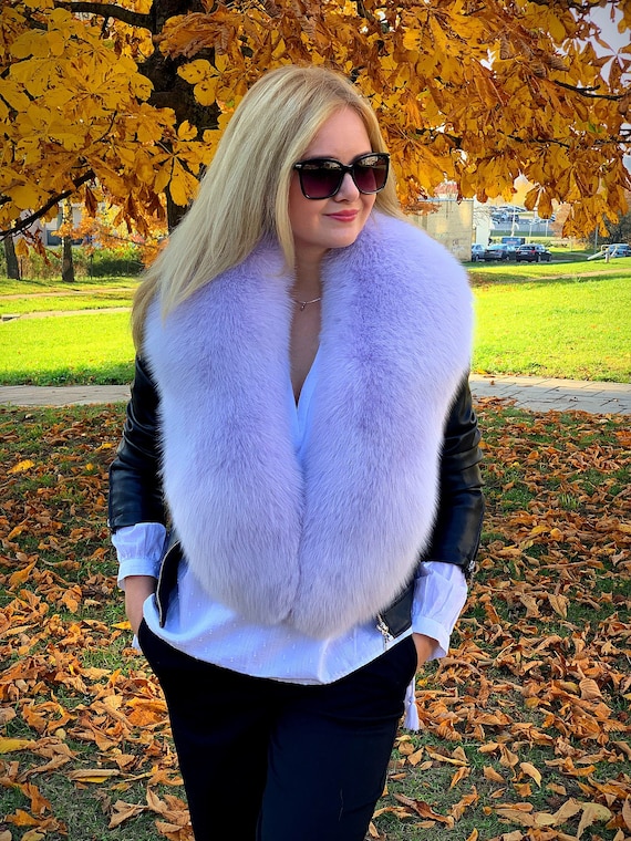 Arctic Fox Fur Stole 55' Saga Furs Collar Lavender Color Fur Boa Big Collar  